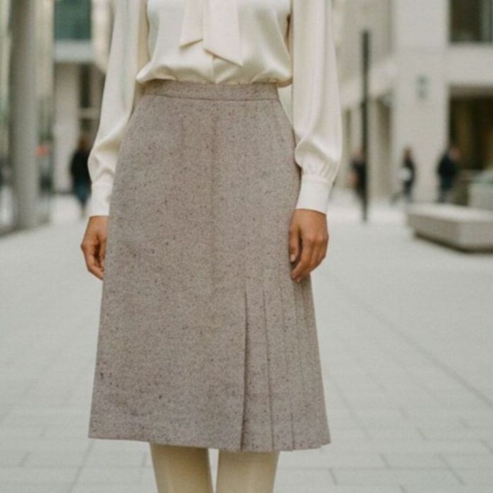 Vintage Christian Dior High Waisted Academia Midi Skirt Womens 12 Neutral Tweed